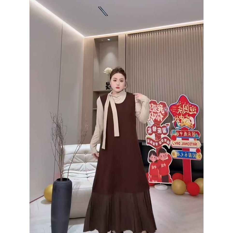 法式修身拼接长裙套装2025早秋新款高级显瘦设计通勤两件套5185