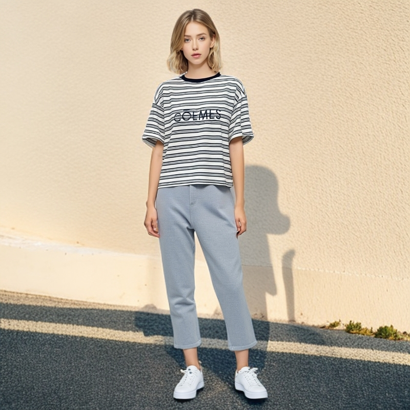 韩版撞色圆领短袖字母印花条纹T恤2025夏季新款时尚宽松显瘦上衣