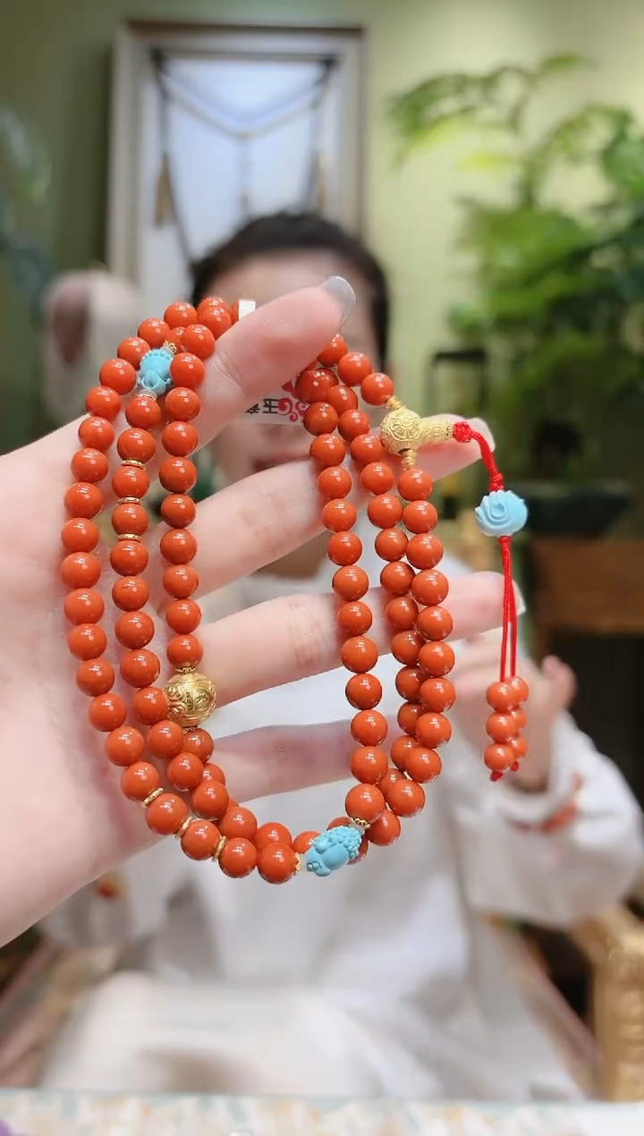 【闪购商品】南红玛瑙项链18K金镶嵌金三通两绿松无相南红项链