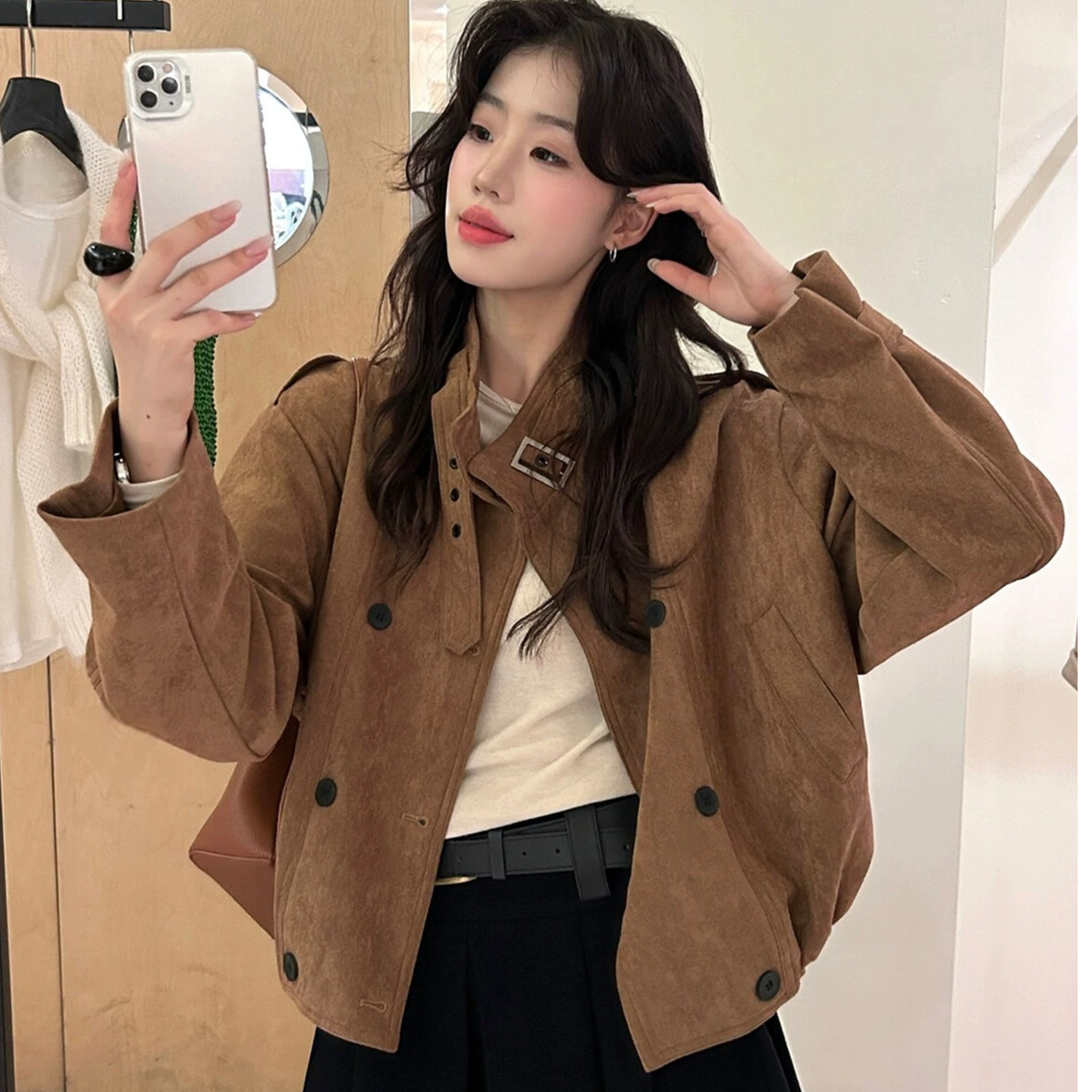 美拉德穿搭复古鹿皮绒慵懒夹克短外套女秋季工装休闲立领短款上衣