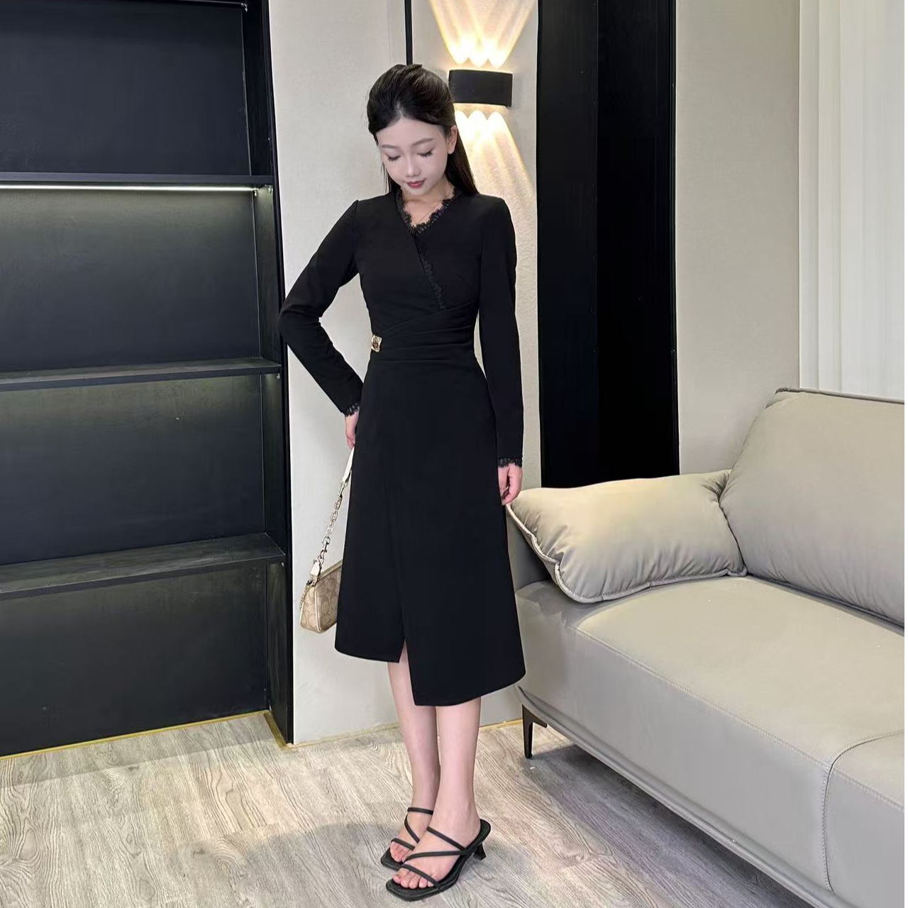 《晚风里5051》琳琳小个子显瘦长裙高腰裙子长款连衣裙秋法式褶皱