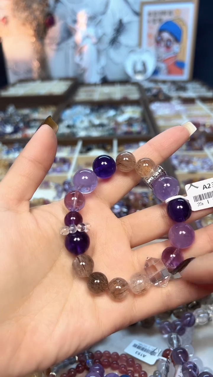 【闪购商品】水晶手链未镶嵌A239 天然紫水+黑金超七+双尖