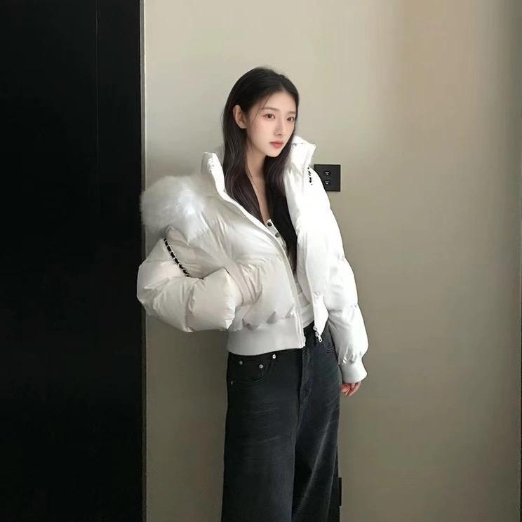 芬兰雪境 韩系高级感冬季毛领连帽外套收腰加厚短款棉服女ins棉衣