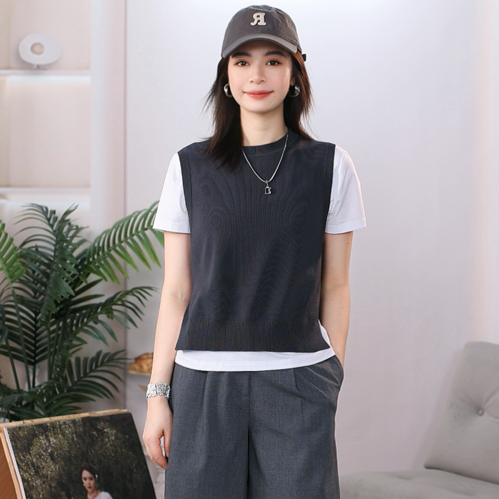 GIRDEAR/哥弟时尚百搭设计款气质圆领针织宽松马甲背心1399701