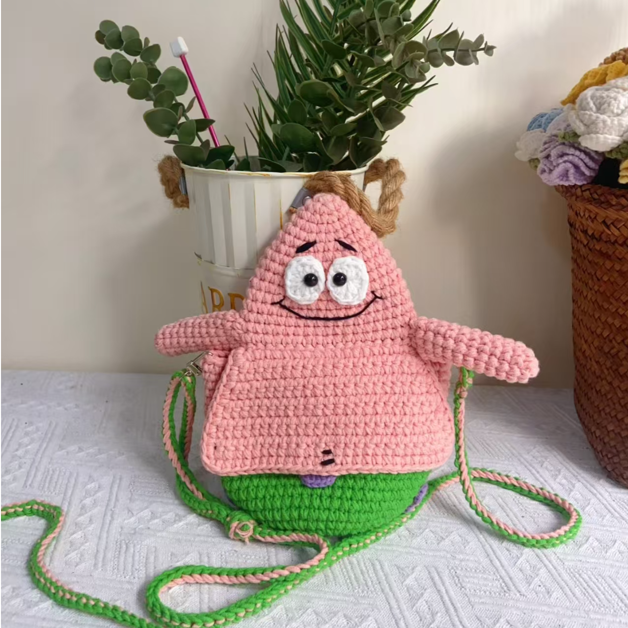 【成品】毛线钩织可爱派大星斜挎包儿童挎包纯手工萌趣派大星手机包