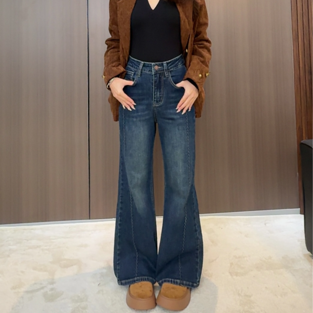 【小个子定制】直筒不贴腿微喇牛仔裤女小个子秋冬加绒喇叭裤6007