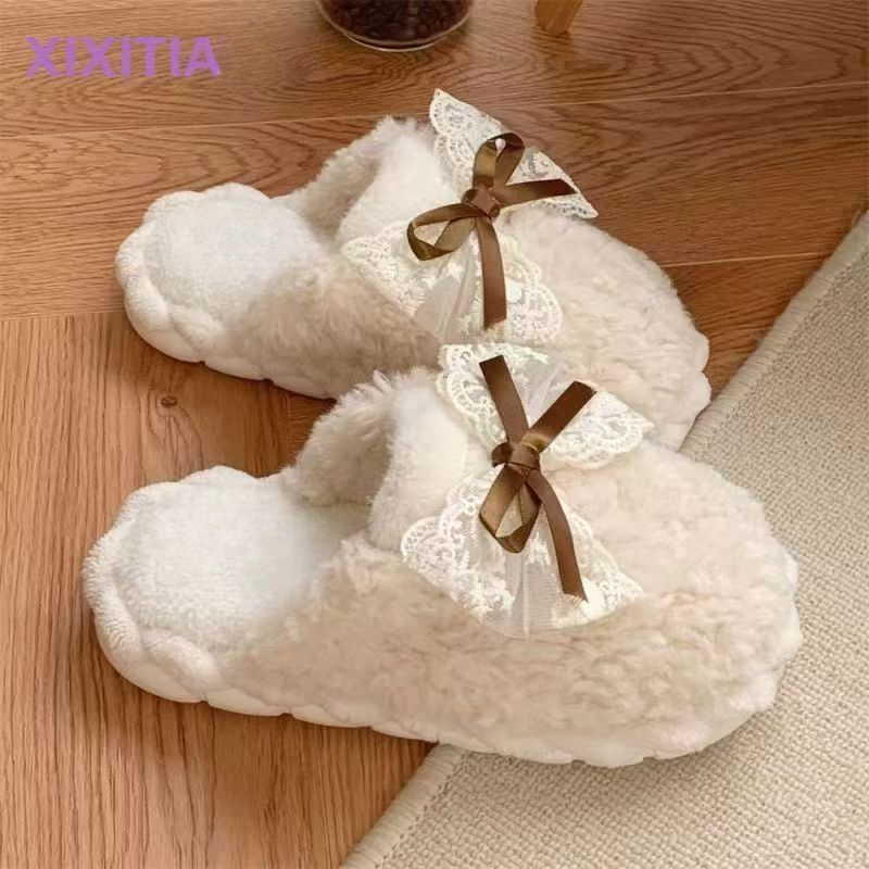 【新客】冬季棉拖鞋女款蝴蝶结厚底防滑保暖居家休闲百搭家庭拖鞋女