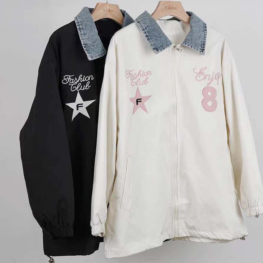918款星星刺绣撞色牛仔领拼接棒球服