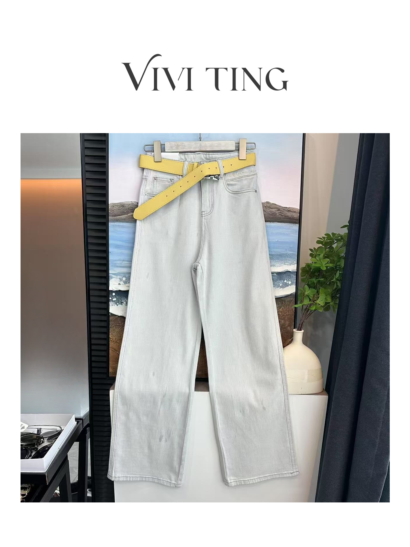 【VIVI·TING】婷姐推荐高级感黄色腰带水泥灰白牛仔裤直筒长裤k09