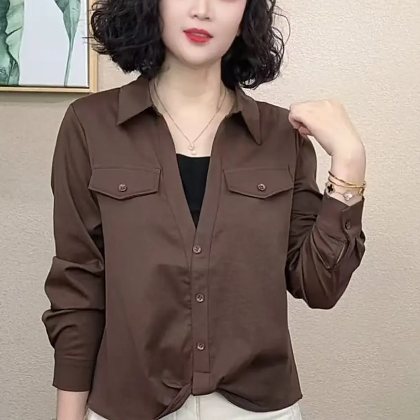 2025秋季新款时尚衬衫领纯色假两件洋气百搭气质减龄显瘦女士上衣