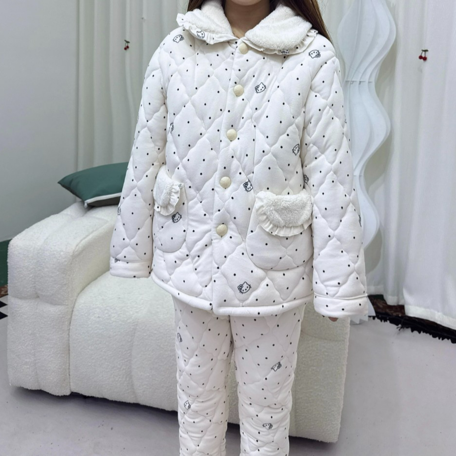 哈喽Kitty家居服套装冬季保暖棉服睡衣三层夹棉波点设计加绒加厚