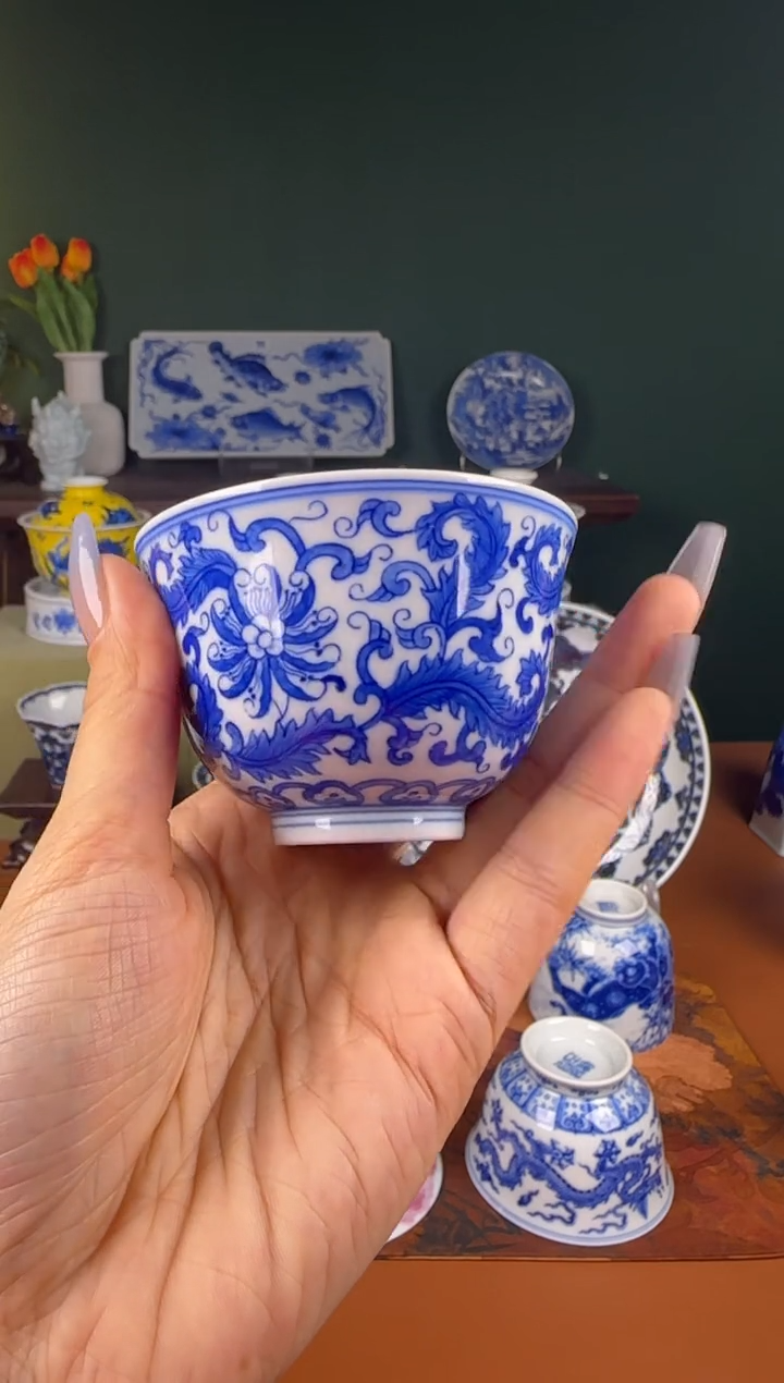 【闪购商品】杯景雨柴窑 青花 凤尾。杯杯 