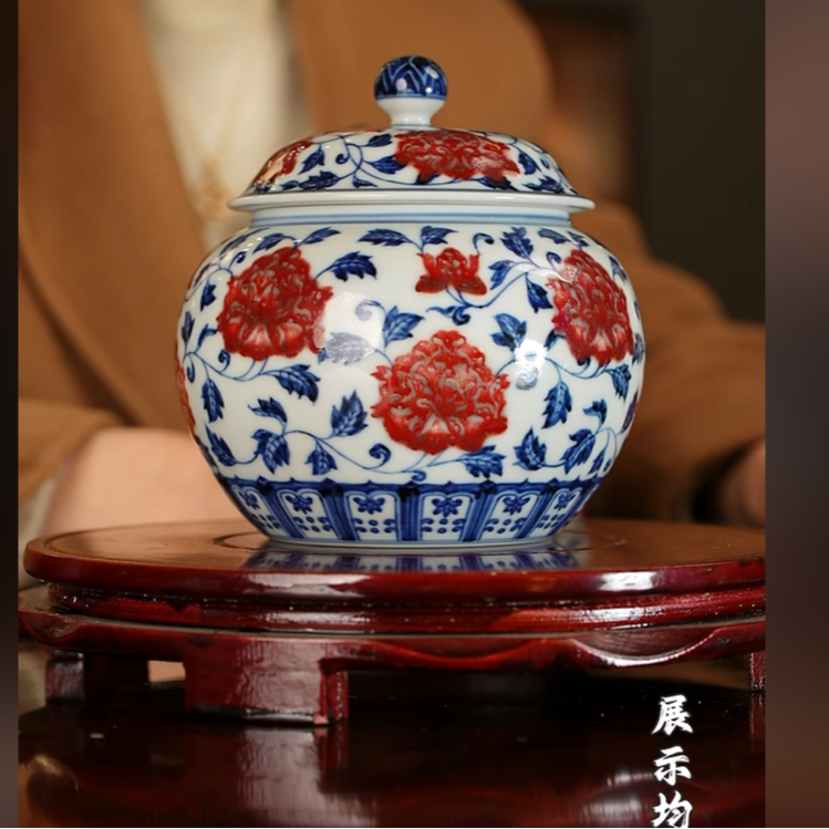 【栗子严选】@@古官釉里红主人杯手绘牡丹茶叶罐
