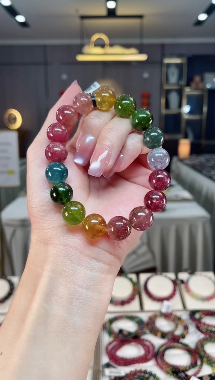 未镶嵌冰透体老矿碧玺彩虹单圈手串12mm+碧玺hon多样性发一条