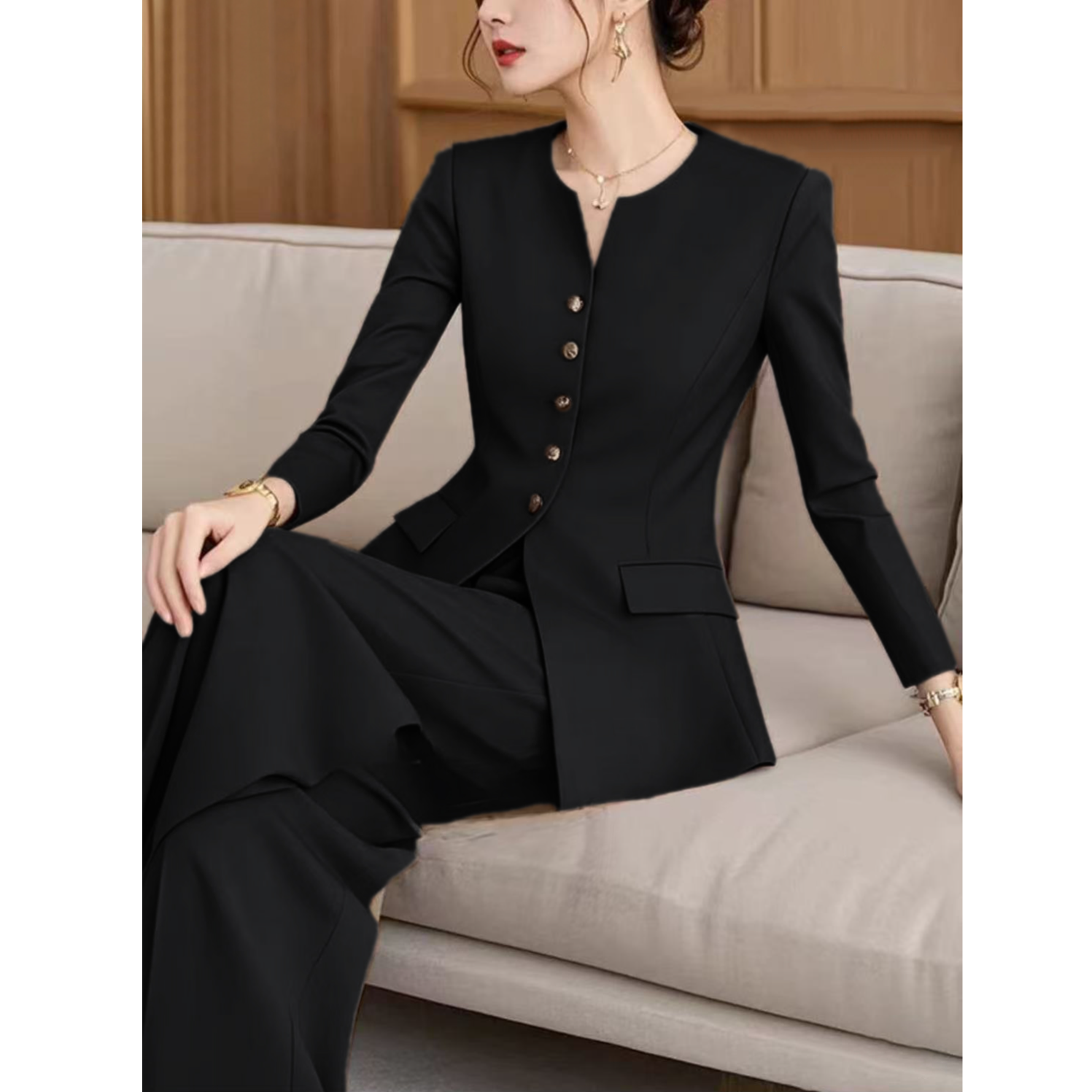 〈纪朵研〉1370外套职业女裤套装长袖长裤千金风裤套装