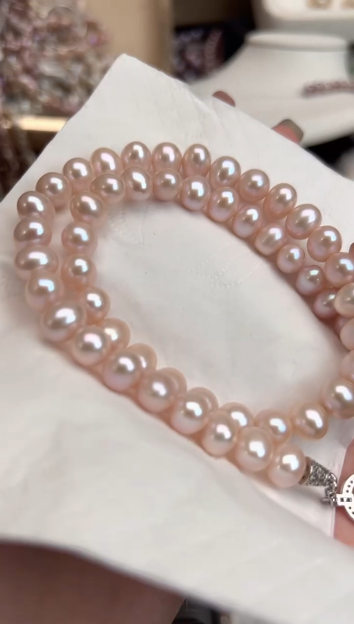 未镶嵌42淡水珍珠无核*粉色强光珍珠项链9mm+