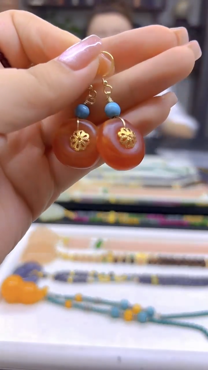 14K金镶嵌蜜蜡耳饰DIY款E65