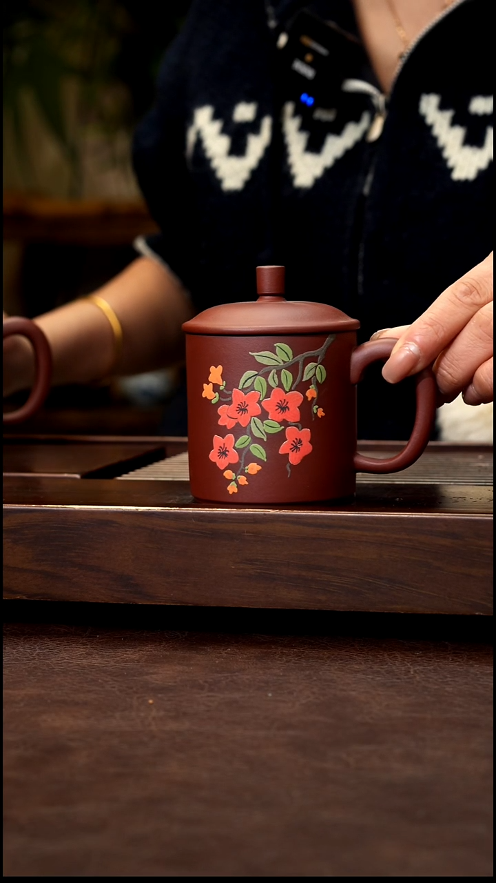 茶壶紫砂红清水泥绘红花盖杯