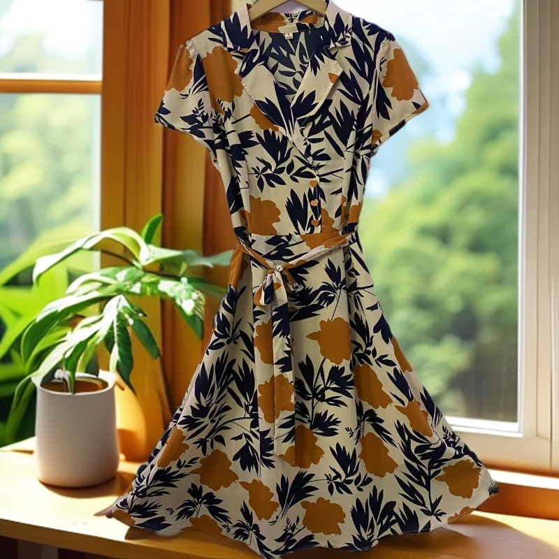 028透气裙子妈妈装高贵新款枫花杏叶妈妈装夏装洋气女装连衣裙