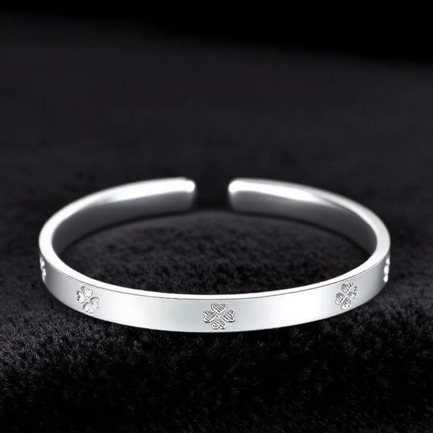 足银手镯【清货福利宠粉专属】四叶草开口手镯 实心可调节幸运手镯