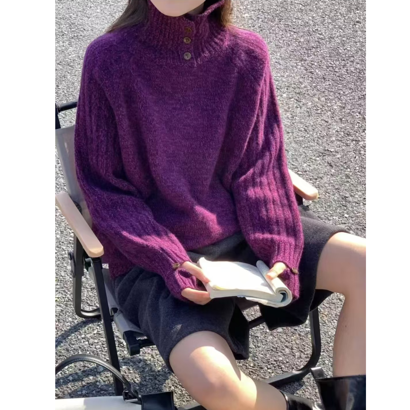 2024冬季新款厚款套头时尚宽松气质百搭花纱净色高领针织毛衣