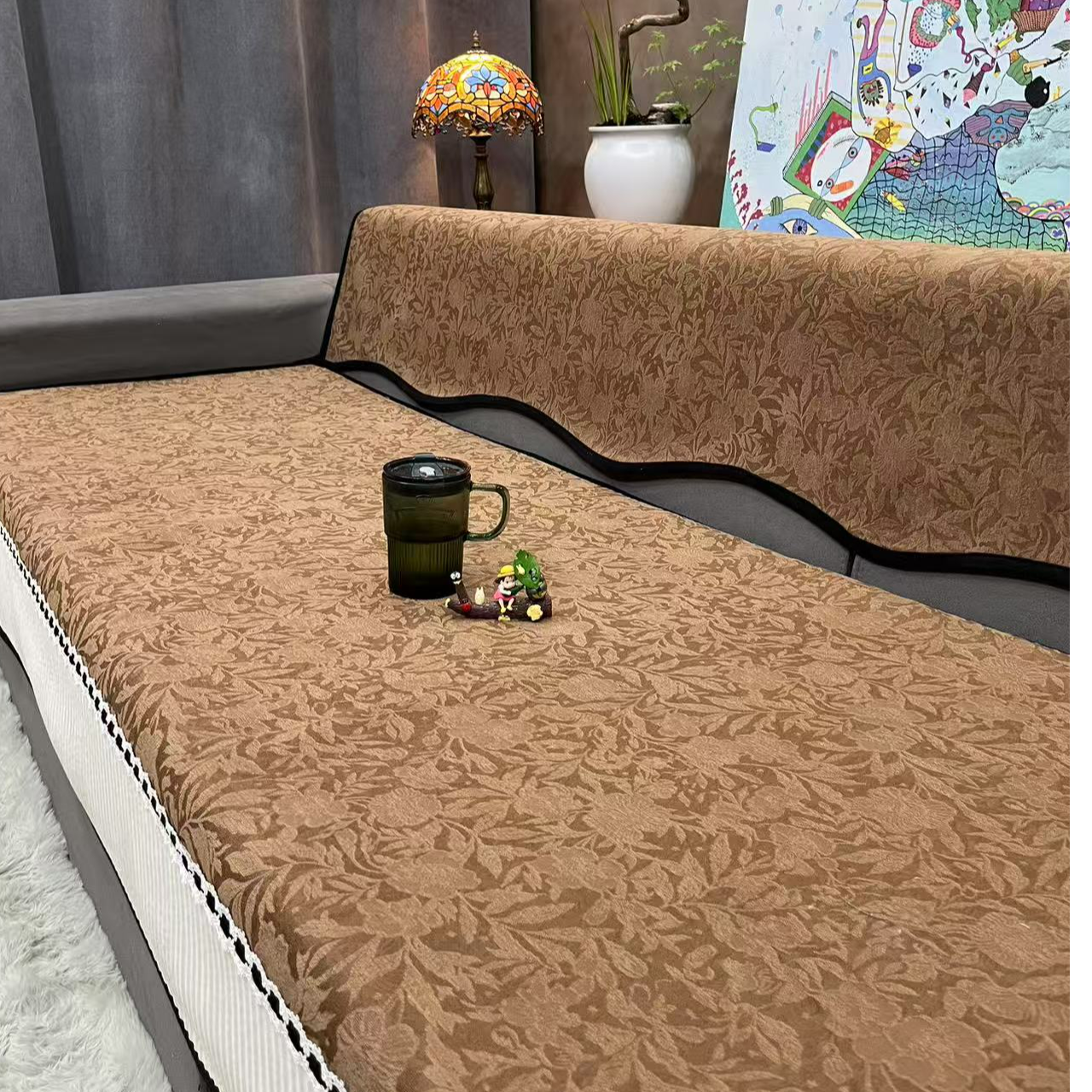 （蔷薇异形）轻奢四季通用防滑雪尼尔客厅直排防猫抓不规则沙发垫