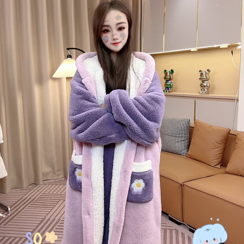 【双层加厚可爱鸭】秋冬加绒加厚中长款睡袍睡袍珊瑚绒睡衣网红家08