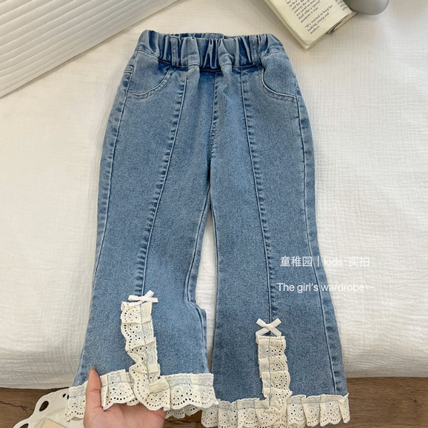春秋季新款女童女宝牛仔裤春款蕾丝花边微喇裤欧若风童装牛仔裤潮