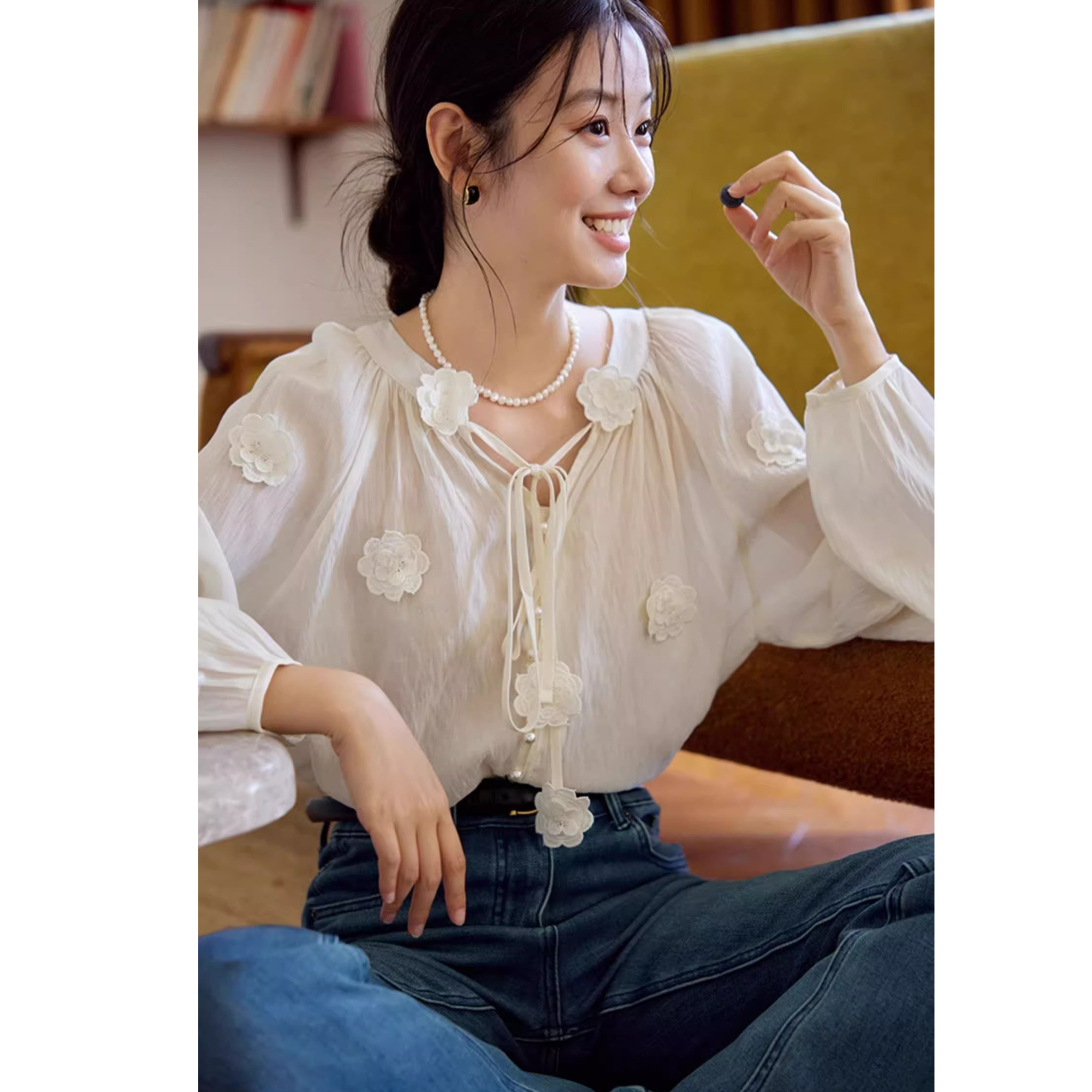 法式复古v领系带衬衫女2025早秋新款设计感小众甜美内搭衬衣