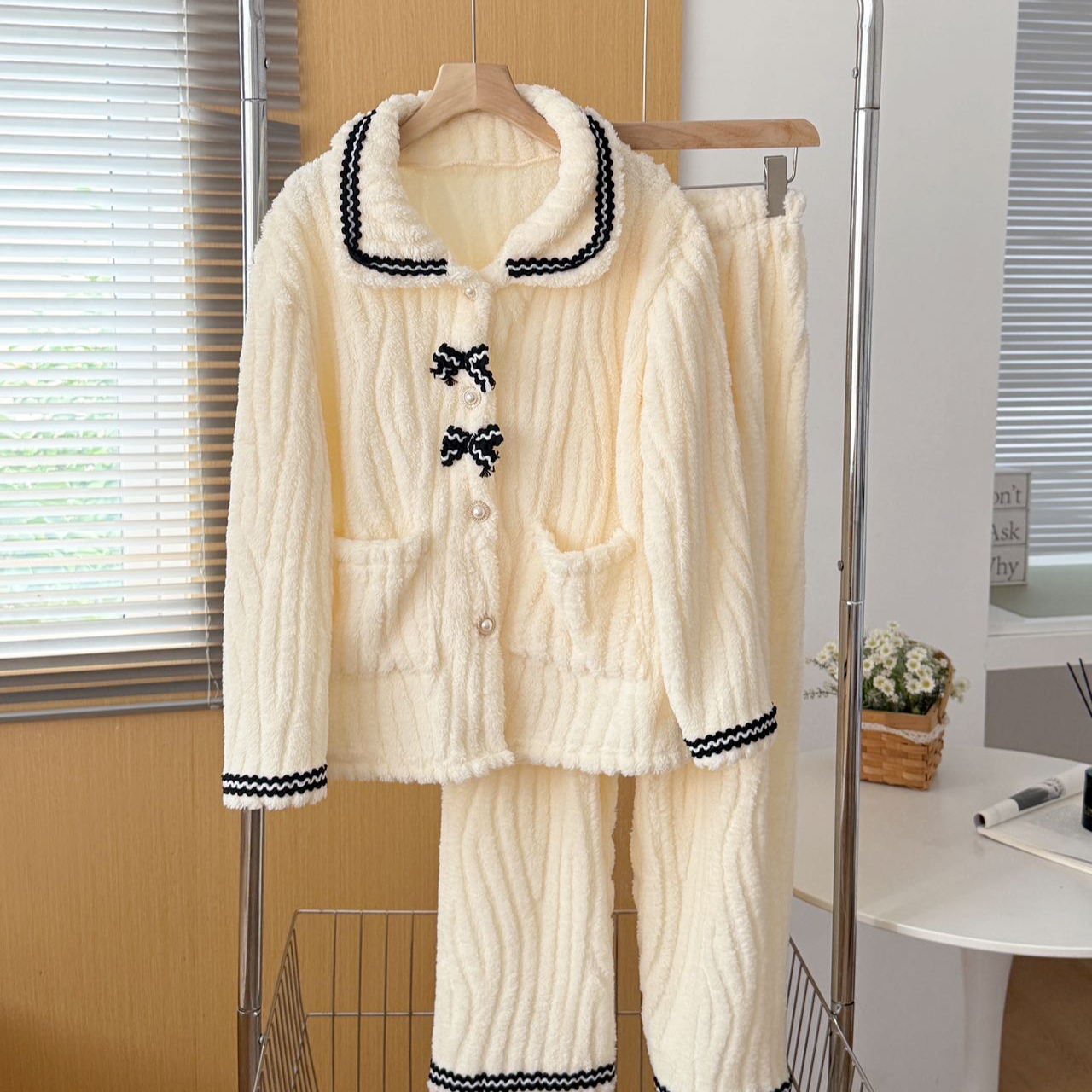 秋冬蝴蝶结睡衣甜美套装加绒两件套可外穿家居服