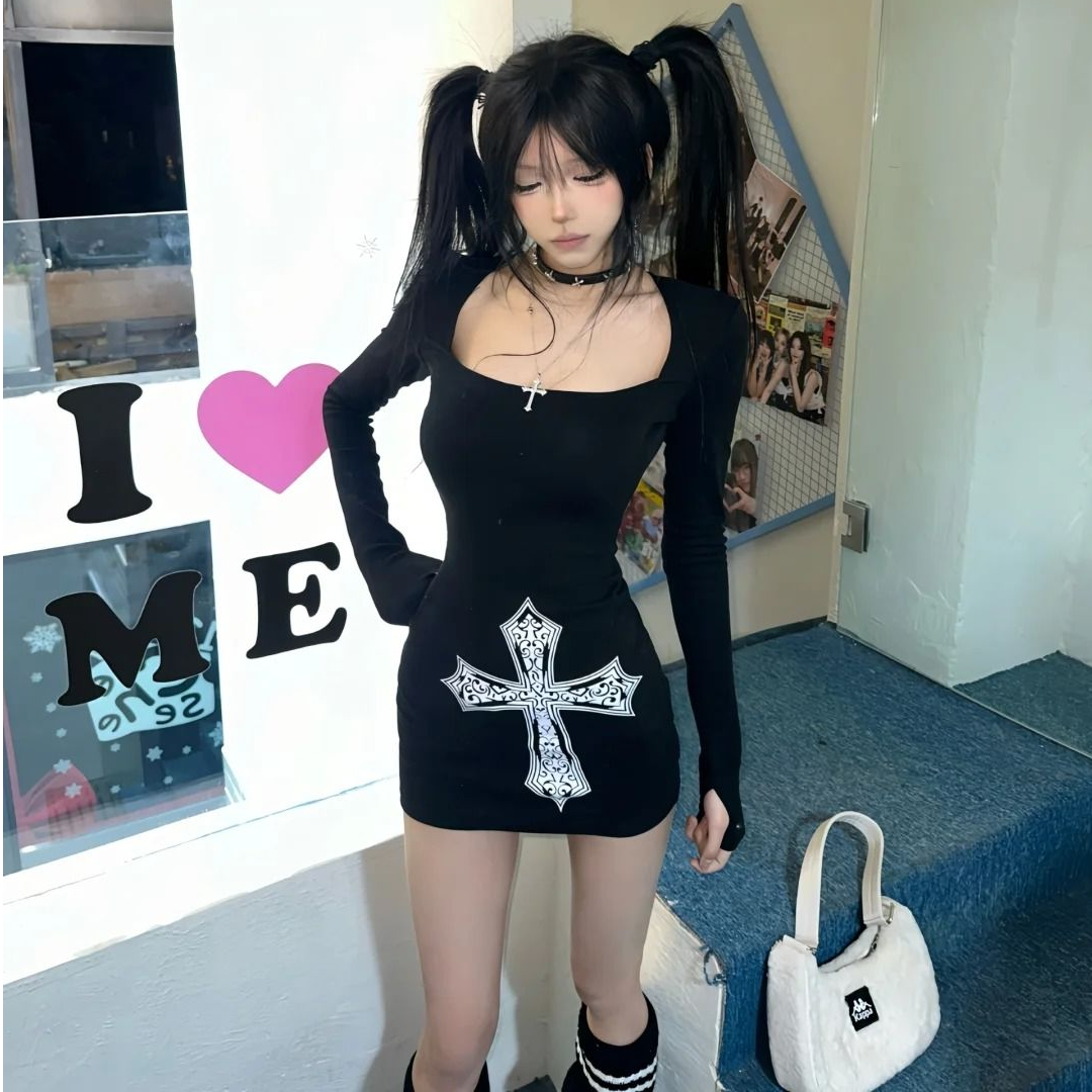 十字架印花长袖T恤女春季2025新款修身显瘦中长款韩版甜辣上衣潮