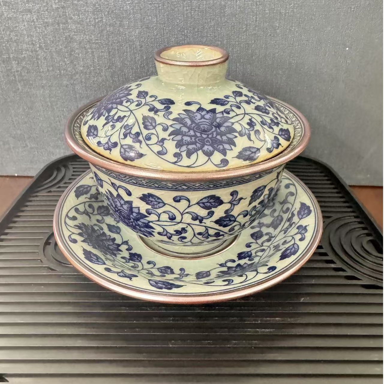 景德镇青花缠枝莲三才盖碗中国风家用盖碗壶承高端茶具高温烧制