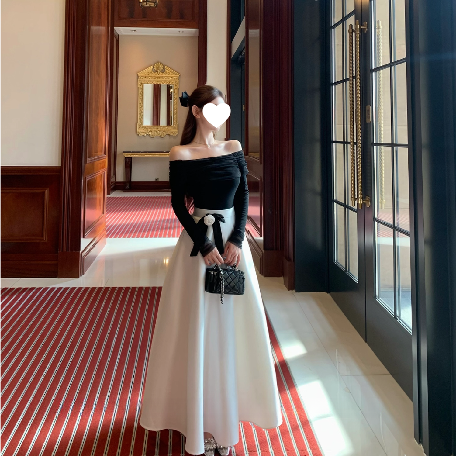  奢雅典范~网纱褶皱一字肩针织上衣+大A摆半身裙套装