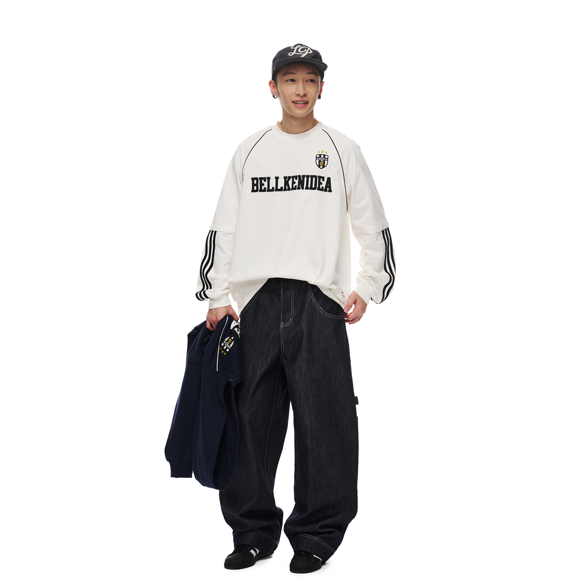 BELLKENIDEA 经典复古三条杠拼接球服插肩袖男女早秋长袖打底T恤