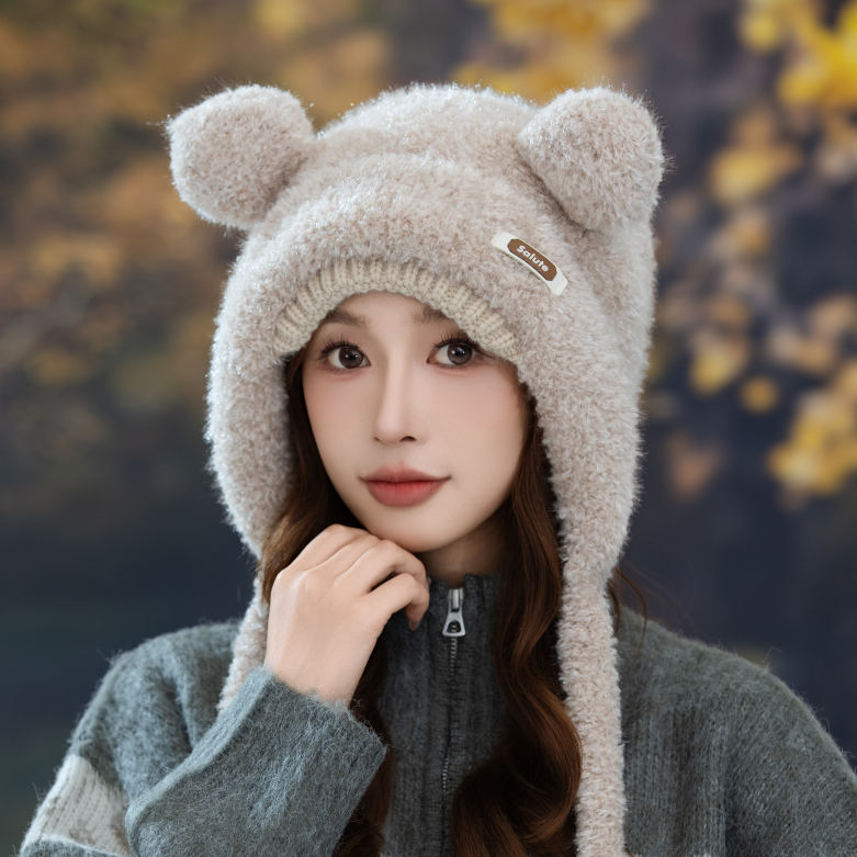 小熊耳朵针织帽子女秋冬韩版保暖护耳加厚毛线帽骑车绑带雷锋帽潮