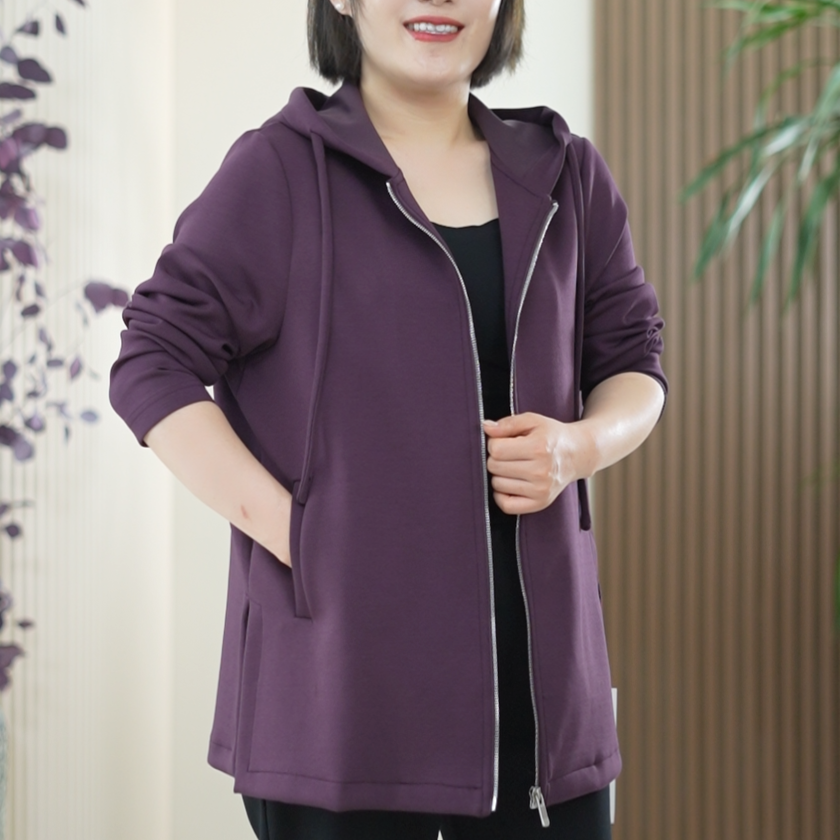 柏拉图骨感肤感中长外套女大码弹力百搭连帽休闲春季时尚减龄风衣