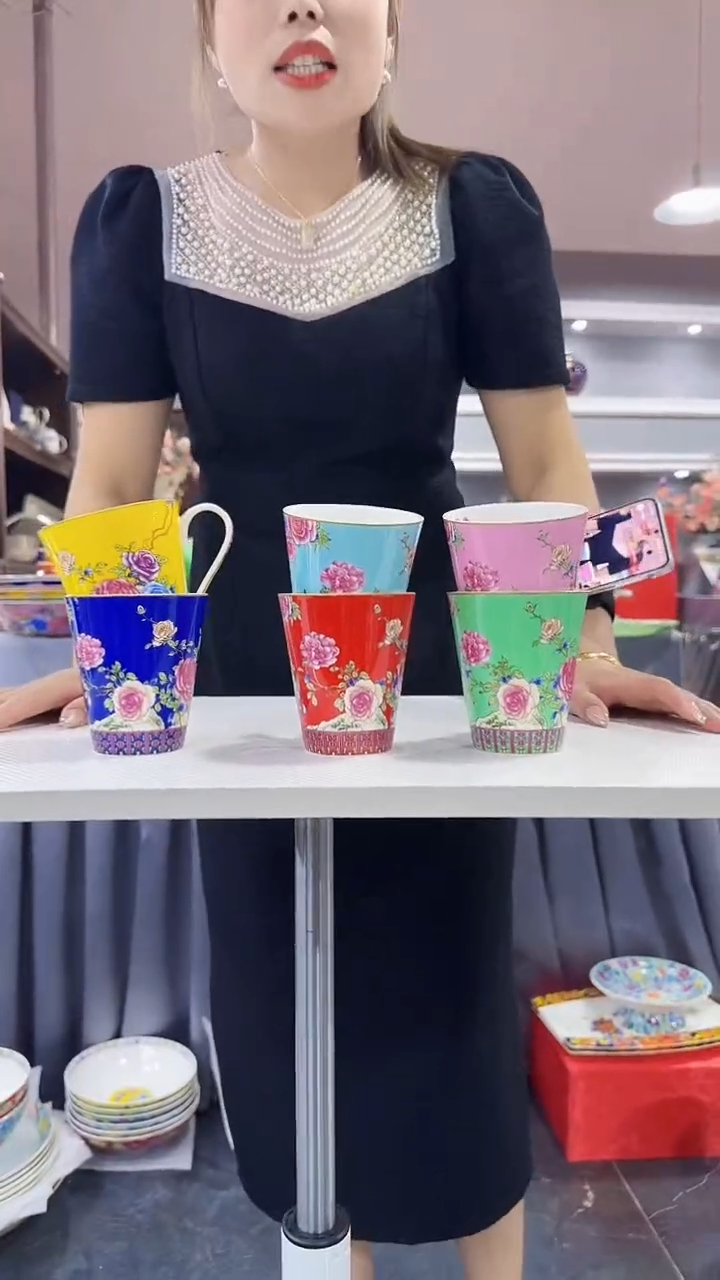 瓷片幸福玫瑰杯子6只装景德镇陶瓷