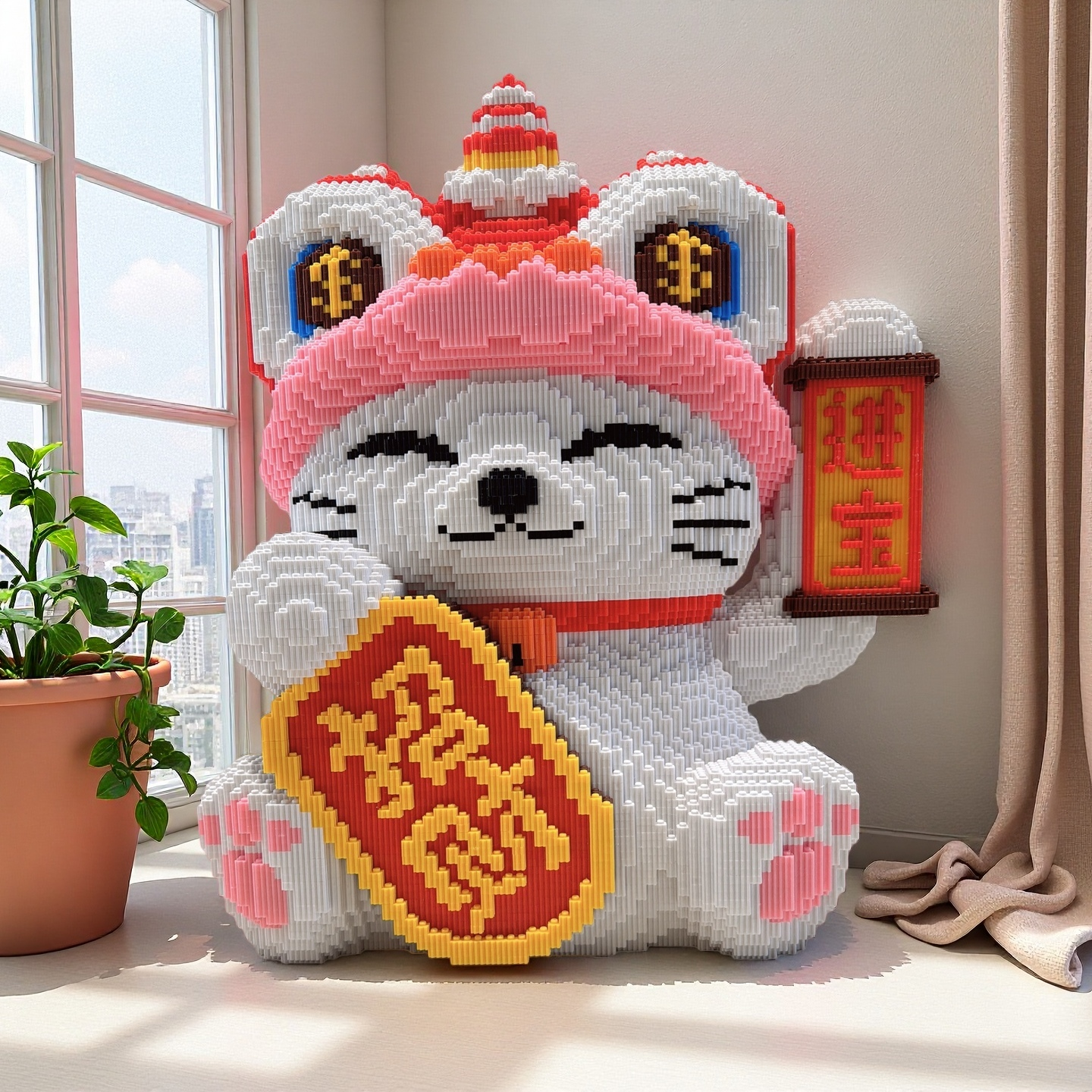 招财进宝猫立体积木颗粒玩具生日礼物送女神礼品潮玩摆件