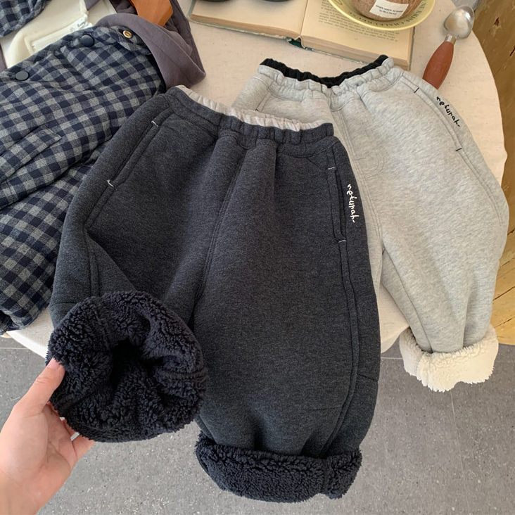 男童羊羔绒裤子冬季新款中小童加绒加厚直筒裤儿童保暖过冬长裤潮