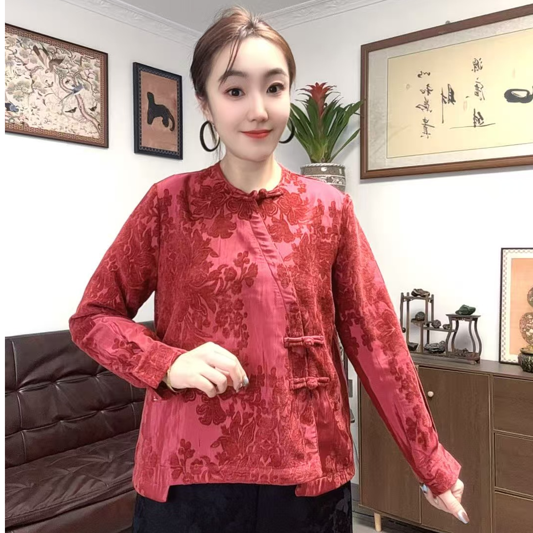新中式国风盘扣唐装上衣女圆领长袖宽松时尚纯色提花民族风上衣
