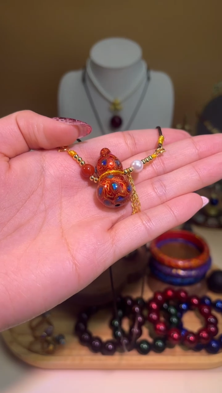 榕城大漆红金晕金千层葫芦珠吊坠