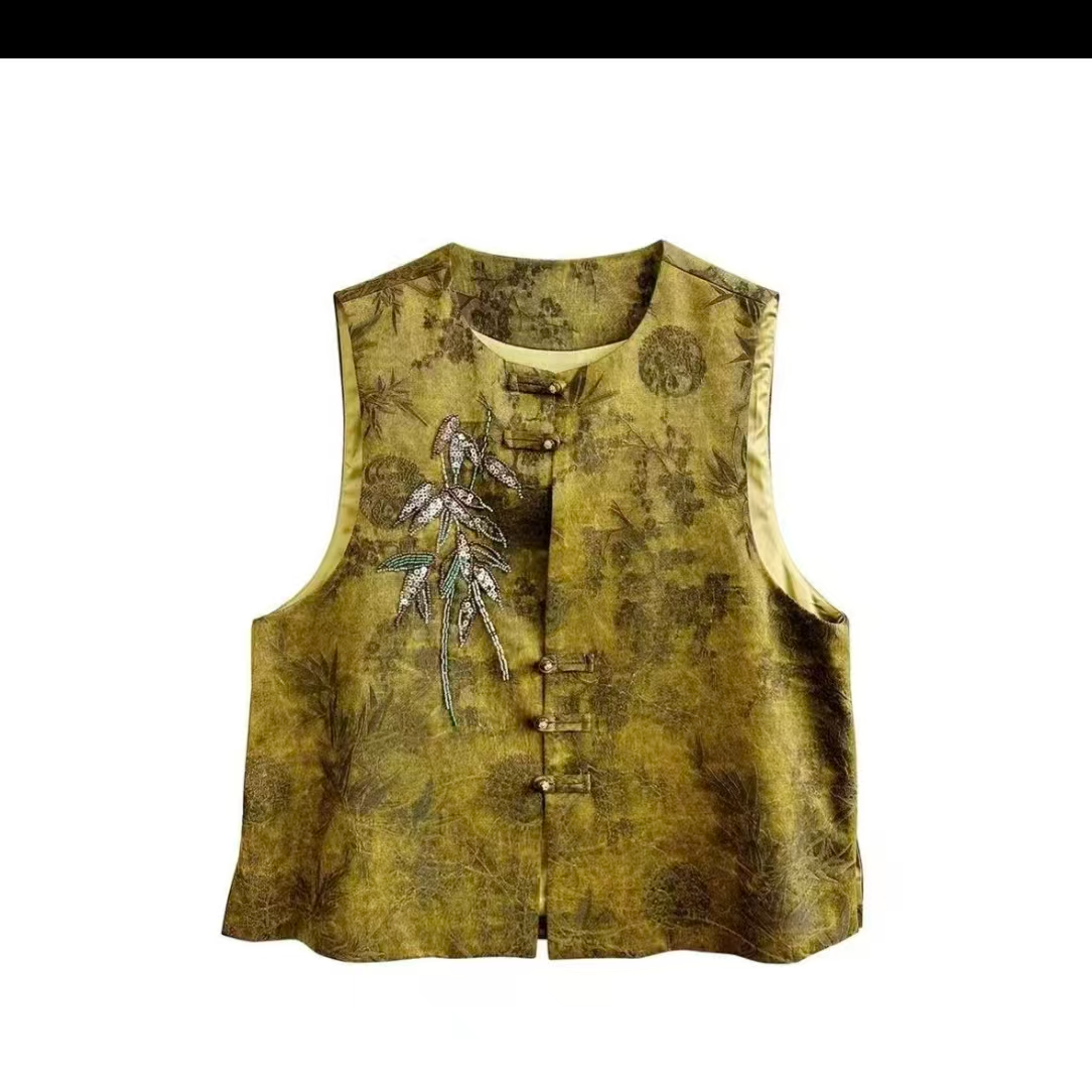 727【油丝-枫叶】秋季新款油丝老料亮片复古时尚百搭减龄马甲