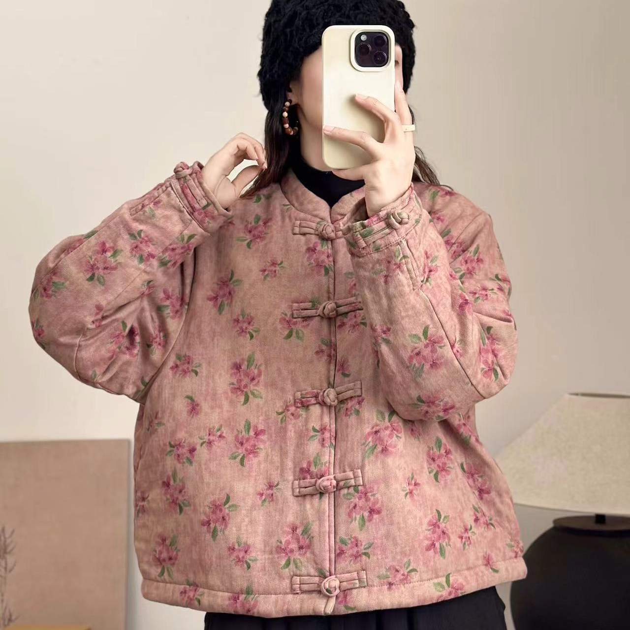 新款百搭时尚女士民族风新中式麻料棉服宽松棉麻印花爆款棉衣扎染