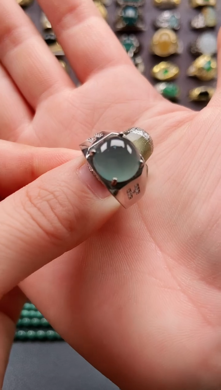 银S925镶嵌戒指翡翠纯天然A货翡翠男戒