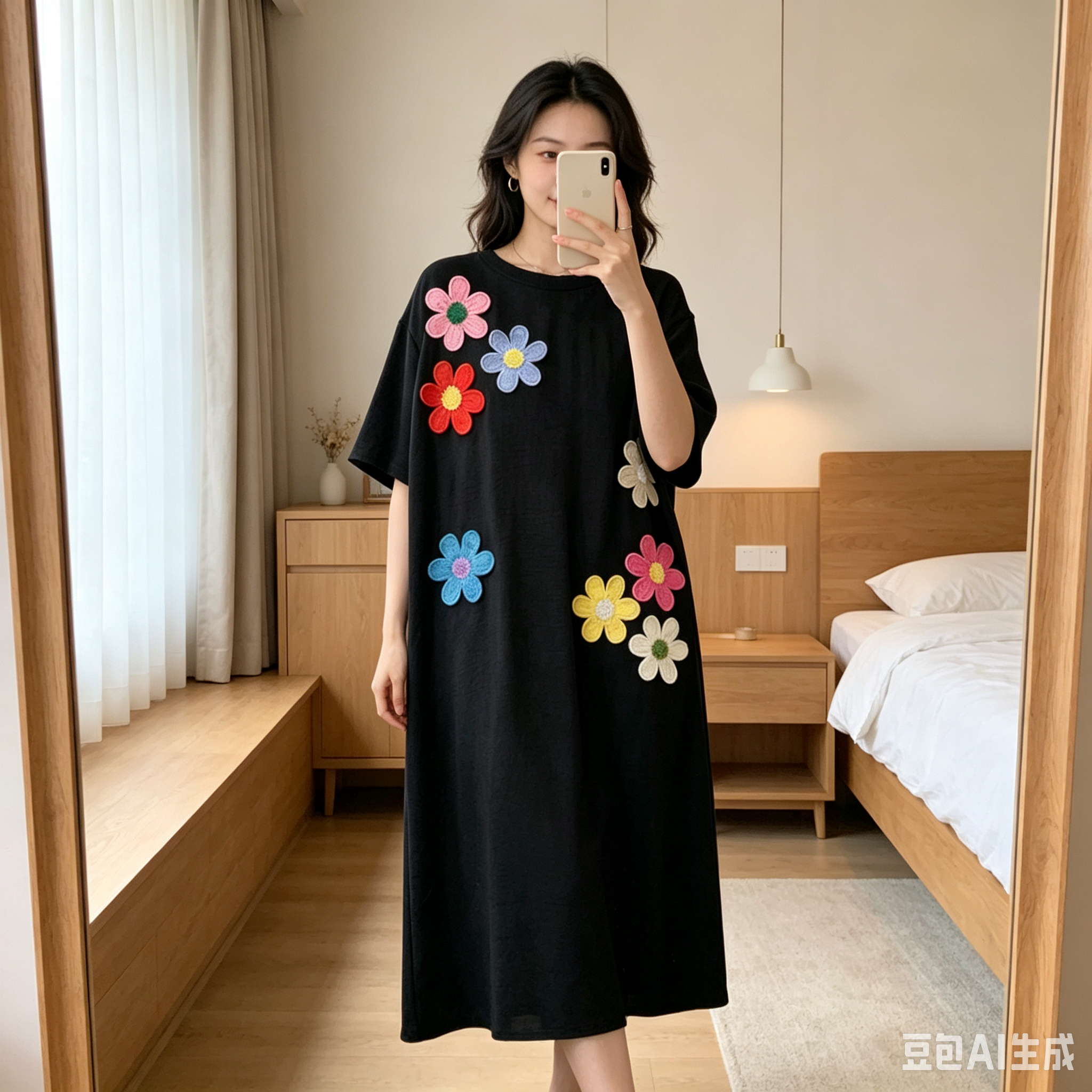【Annie 125】春夏款立体花朵设计时尚连衣裙宽松大码显瘦长裙