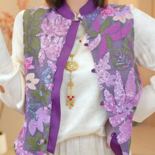 [木槿]2025年新款高端重工珠片绣国风马甲H6059-412甜甜