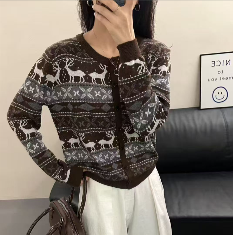 【麋鹿】长袖提花条纹秋季针织女装衫保暖女圆领166