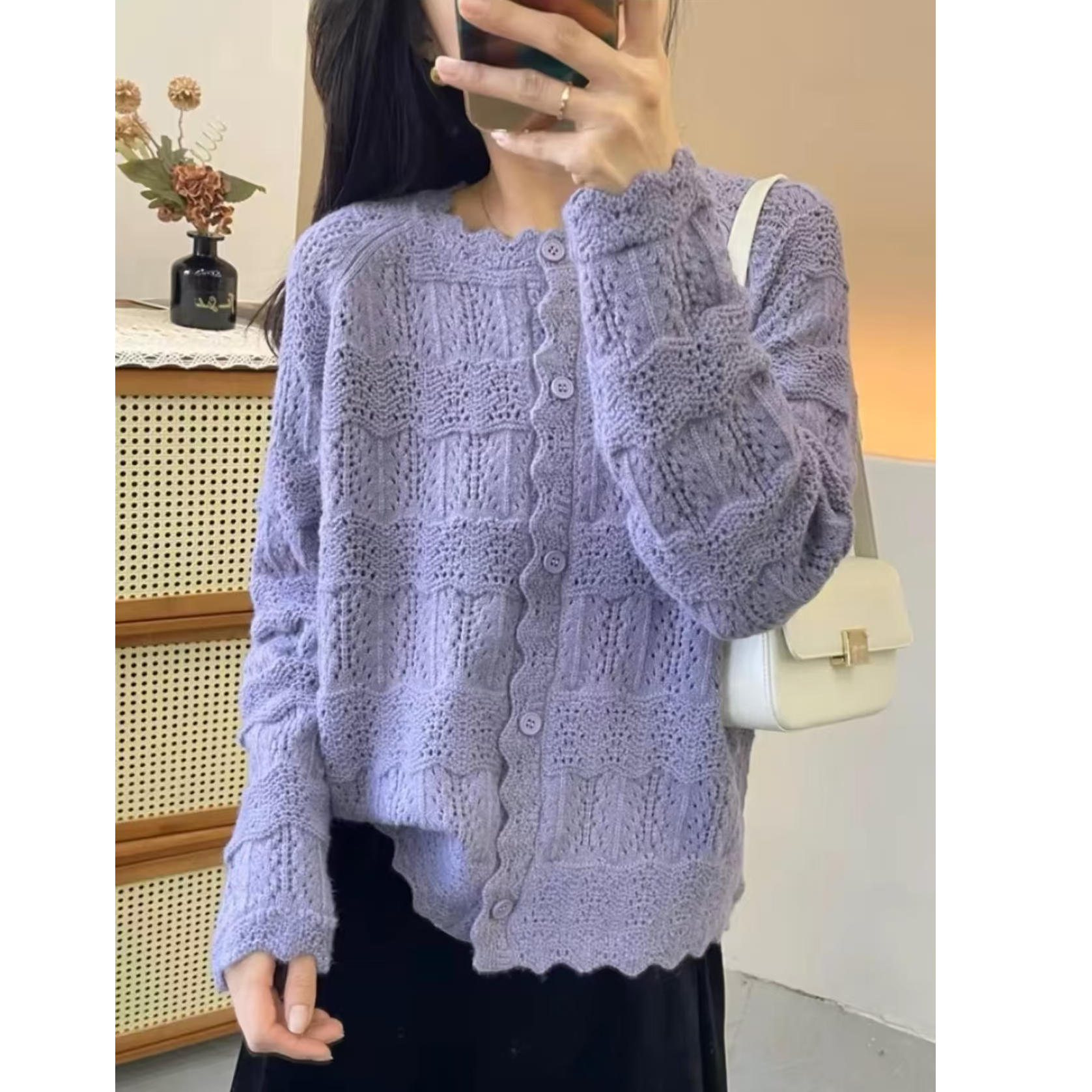 春天专卖店【紫色蕾丝】秋季针织开衫纯色