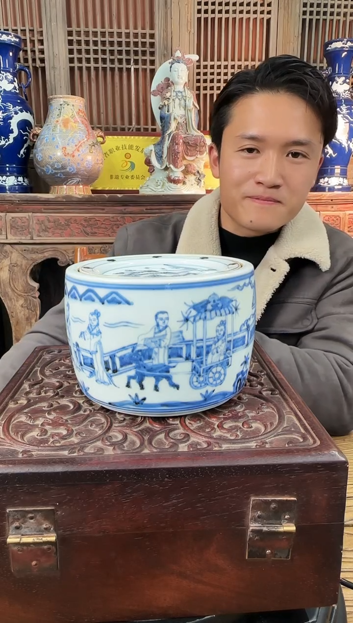 【闪购商品】摆件陶瓷 摆件  青花人物蛐蛐罐