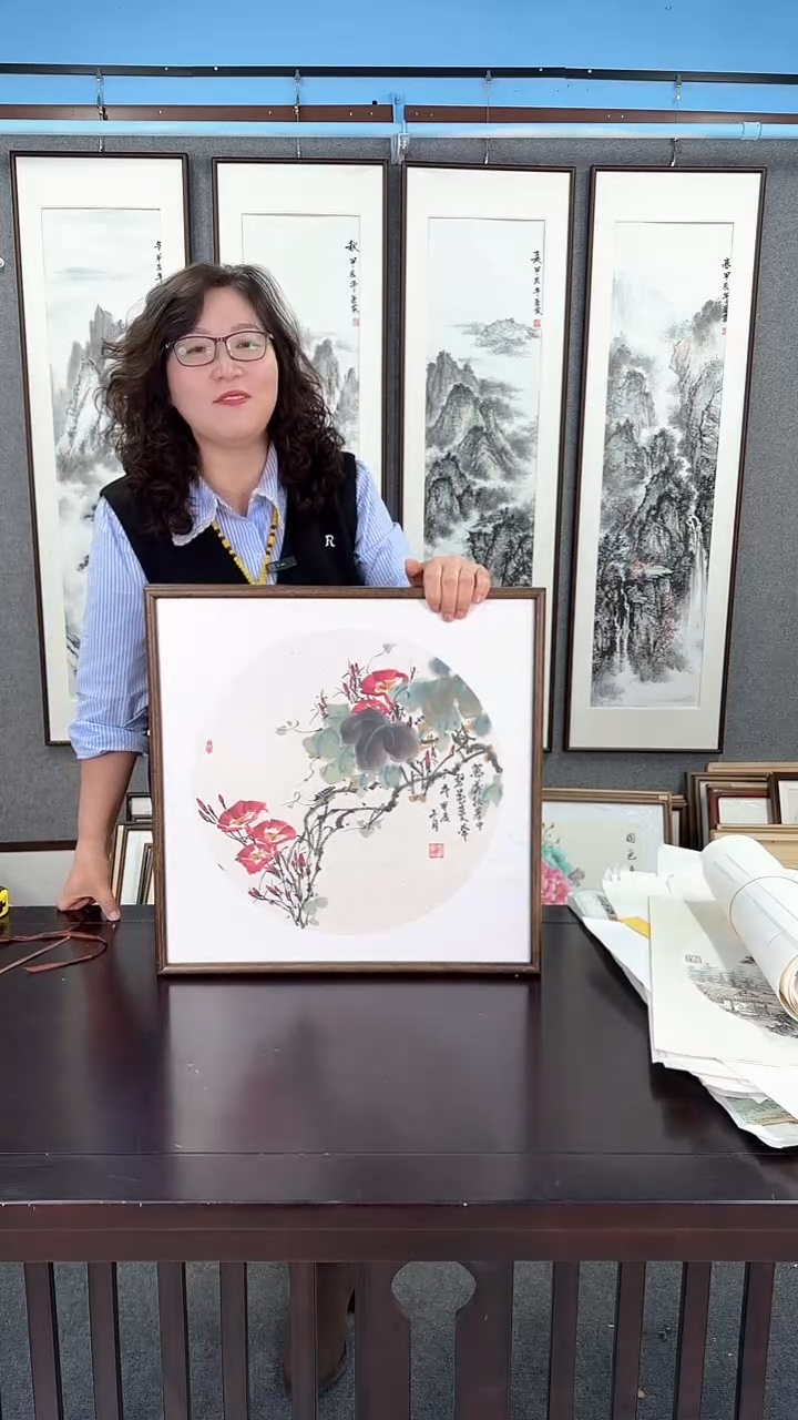 国画实木装裱 牵牛花 50*50